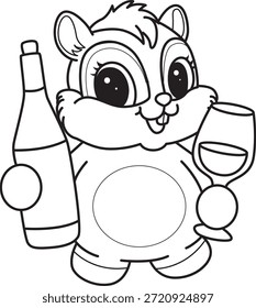 Coloring book of Cute Chipmunk sticker icon. Outline of Chipmunk bring a wine
