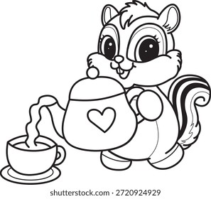 Libro para colorear del icono de la etiqueta engomada de la ardilla linda. Esquema de la ardilla vertiendo un té de la tetera