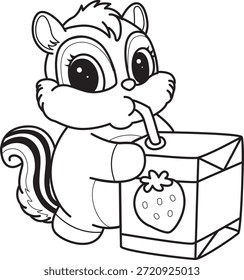 Coloring book of Cute Chipmunk sticker icon. Outline of Chipmunk drinking a strawberry milk