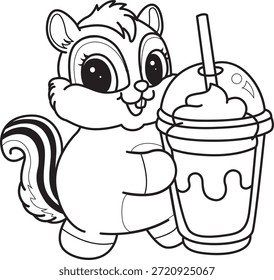 Livro de colorir de ícone de etiqueta Chipmunk bonito. Contorno do esquilo traz um milkshake