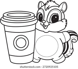 Livro de colorir de ícone de etiqueta Chipmunk bonito. Contorno de Chipmunk trazer uma xícara de café