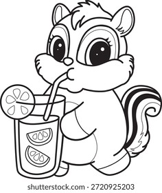 Libro para colorear del icono de la etiqueta engomada de la ardilla linda. Esquema de la ardilla bebiendo un jugo de naranja