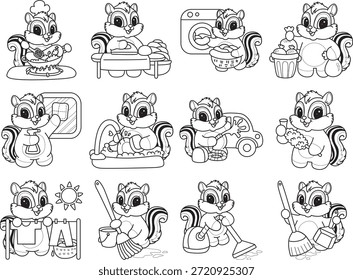 Coloring book of Cute Chipmunk sticker icon. Outline of Chipmunk in the variation of chores and cleaning service