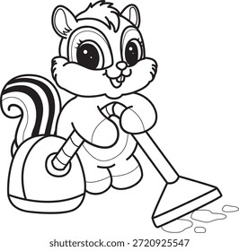 Coloring book of Cute Chipmunk sticker icon. Outline of Chipmunk cleaning the floor with washing machine