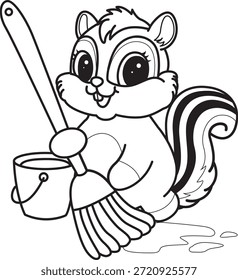Coloring book of Cute Chipmunk sticker icon. Outline of Chipmunk cleaning the floor with mop