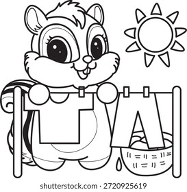Livro de colorir de ícone de etiqueta Chipmunk bonito. Contorno de Chipmunk secar e limpar as roupas sob o sol