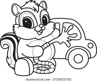 Libro para colorear del icono de la etiqueta engomada de la ardilla linda. Esquema de la ardilla que lava un coche