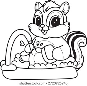 Coloring book of Cute Chipmunk sticker icon. Outline of Chipmunk cleanings the plate in the sink