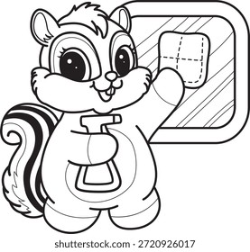 Libro para colorear del icono de la etiqueta engomada de la ardilla linda. Esquema de la ardilla limpiando la ventana con spray