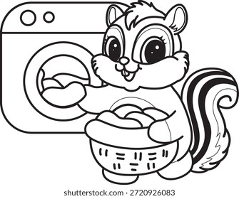 Coloring book of Cute Chipmunk sticker icon. Outline of Chipmunk washing a clothes in the washing machine