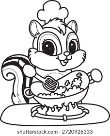 Libro para colorear del icono de la etiqueta engomada de la ardilla linda. Esquema de la ardilla cocinando un arroz frito