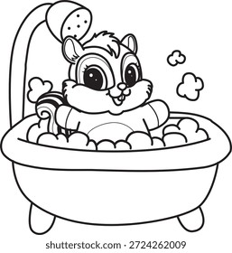 Libro para colorear del icono de la etiqueta engomada de la ardilla linda. Esquema de la ardilla tomar un baño 
