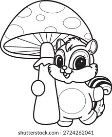 Malbuch des süßen Chipmunk-Aufkleber-Icon. Umriss von Chipmunk bringen einen Pilz 