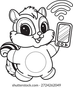 Libro para colorear del icono de la etiqueta engomada de la ardilla linda. Esquema de la ardilla traer un teléfono