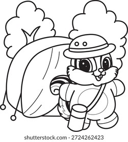 Coloring book of Cute Chipmunk sticker icon. Outline of Chipmunk in the camp 