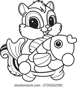 Libro para colorear del icono de la etiqueta engomada de la ardilla linda. Esquema de la ardilla traer un pez de oro