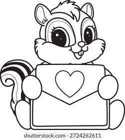 Libro para colorear del icono de la etiqueta engomada de la ardilla linda. Esquema de la ardilla traer una carta de amor