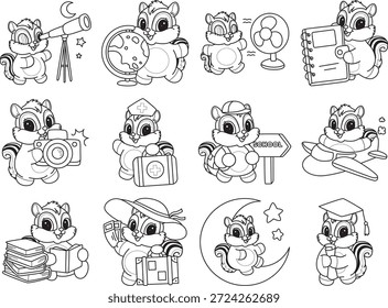 Coloring book of Cute Chipmunk sticker icon. Outline of Chipmunk in the variation of smart and education