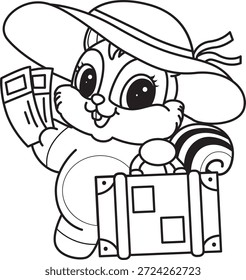 Libro para colorear del icono de la etiqueta engomada de la ardilla linda. Esquema de la ardilla traer un bolso de viaje