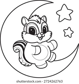 Libro para colorear del icono de la etiqueta engomada de la ardilla linda. Esquema de la ardilla que pone en la luna