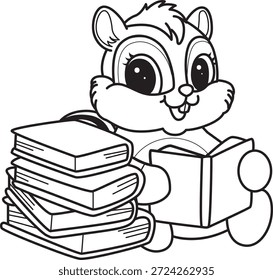 Libro para colorear del icono de la etiqueta engomada de la ardilla linda. Esquema de la ardilla leyendo un libro