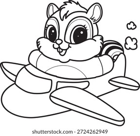 Libro para colorear del icono de la etiqueta engomada de la ardilla linda. Esquema de la ardilla montando un avión