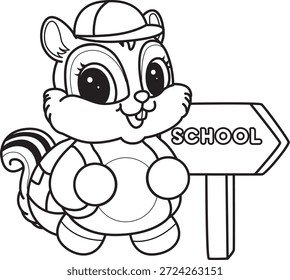 Libro para colorear del icono de la etiqueta engomada de la ardilla linda. Esquema de la ardilla que quiere ir a la escuela