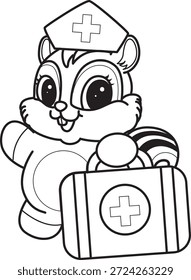 Malbuch des süßen Chipmunk-Aufkleber-Icon. Umriss von Chipmunk bringen ein Erste-Hilfe-Kit
