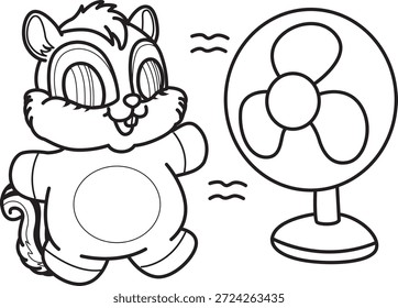 Libro para colorear del icono de la etiqueta engomada de la ardilla linda. El contorno de la ardilla siente el aire del ventilador