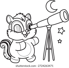 Livro de colorir de ícone de etiqueta Chipmunk bonito. Contorno de Chipmunk ver a lua por telescópio 