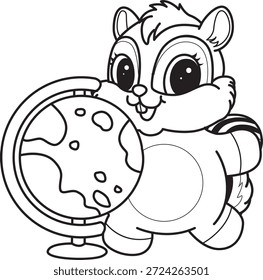 Livro de colorir de ícone de etiqueta Chipmunk bonito. Contorno de Chipmunk trazer um globo