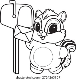 Libro para colorear del icono de la etiqueta engomada de la ardilla linda. Esquema de la ardilla enviar el mensaje por el cuadro de correo