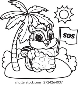 Coloring book of Cute Chipmunk sticker icon. Outline of Chipmunk bring a sos flag