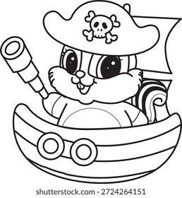Libro para colorear del icono de la etiqueta engomada de la ardilla linda. Esquema de la ardilla con traje de piratas 