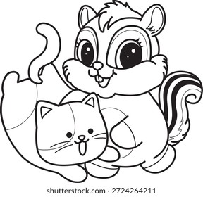 Libro para colorear del icono de la etiqueta engomada de la ardilla linda. Esquema de ardilla jugando con gatito 