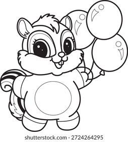 Libro para colorear del icono de la etiqueta engomada de la ardilla linda. Esquema de la ardilla traer globos