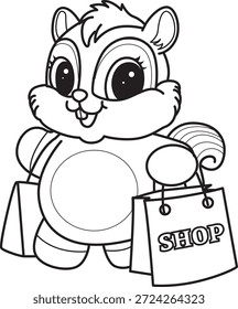 Libro para colorear del icono de la etiqueta engomada de la ardilla linda. Esquema de la ardilla traer una bolsa de la compra