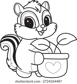 Malbuch des süßen Chipmunk-Aufkleber-Icon. Umriss von Chipmunk bringen einen Topf mit Blättern