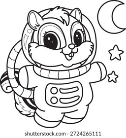 Libro para colorear del icono de la etiqueta engomada de la ardilla linda. Esquema de la ardilla con traje de astronauta