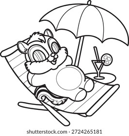 Libro para colorear del icono de la etiqueta engomada de la ardilla linda. Esquema de la ardilla en la playa