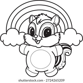 Libro para colorear del icono de la etiqueta engomada de la ardilla linda. Esquema de la ardilla frente al arco iris