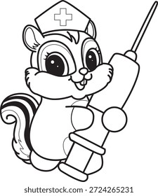 Coloring book of Cute Chipmunk sticker icon. Outline of Chipmunk bring a syringe