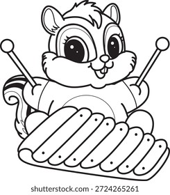 Libro para colorear del icono de la etiqueta engomada de la ardilla linda. Esquema de la ardilla tocando un xilófono 