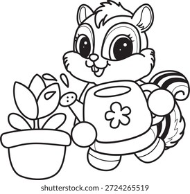Malbuch des süßen Chipmunk-Aufkleber-Icon. Umriss von Chipmunk, der eine Tulpenblume bewässert