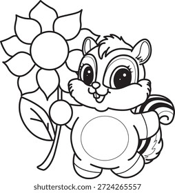 Libro para colorear del icono de la etiqueta engomada de la ardilla linda. Esquema de la ardilla traer una flor de sol