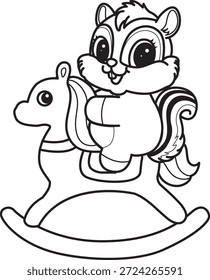 Coloring book of Cute Chipmunk sticker icon. Outline of Chipmunk riding a Rocky horse