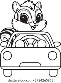 Libro para colorear del icono de la etiqueta engomada de la ardilla linda. Esquema de la ardilla que conduce un coche