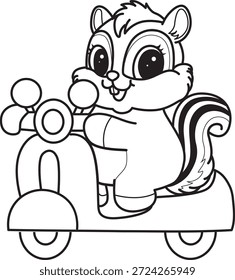 Libro para colorear del icono de la etiqueta engomada de la ardilla linda. Esquema de la ardilla montando un scooter