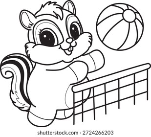 Libro para colorear del icono de la etiqueta engomada de la ardilla linda. Esquema de la ardilla jugando una pelota de voleibol