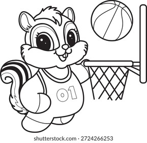 Libro para colorear del icono de la etiqueta engomada de la ardilla linda. Esquema de la ardilla jugando un baloncesto